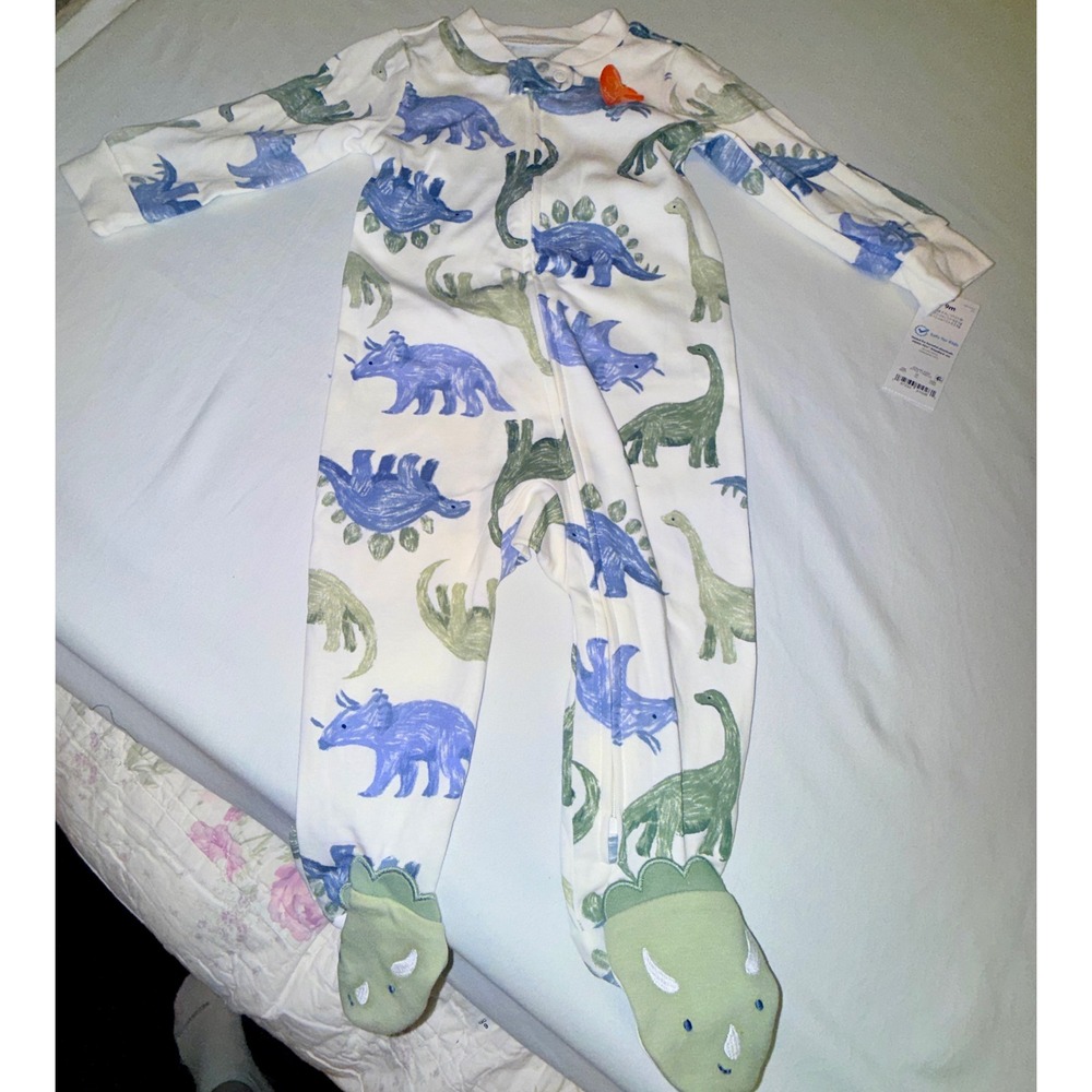Carter's Just One You Footed Pajamas 9M White New Dinosaur 2-Way Zipper